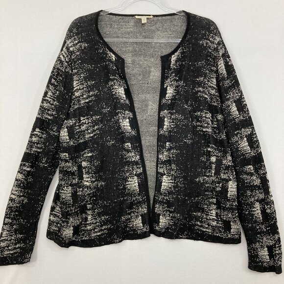 Eileen Fisher Large Black Gray Abstract Organic Linen Open Front Light Jacket - Picture 1 of 9